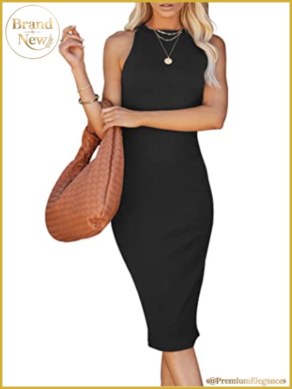 Ribbed Bodycon Midi Tank Dress Sleeveless Crew Neck Summer Casual